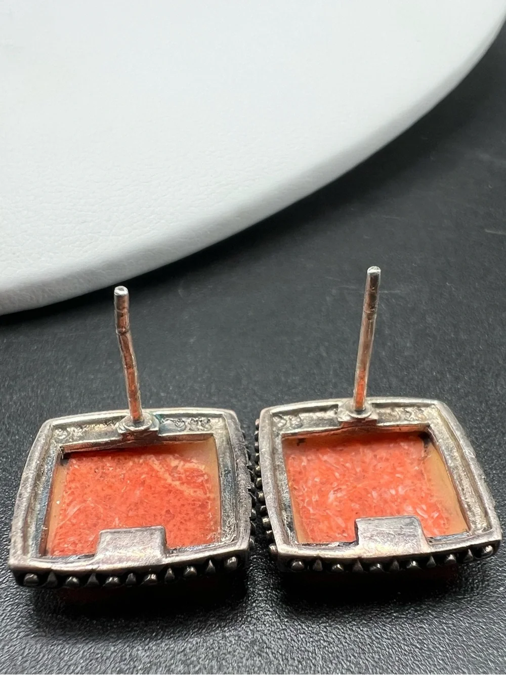 Sterling Silver (925) Orange Sponge Coral Square Stud Earrings Signed PB